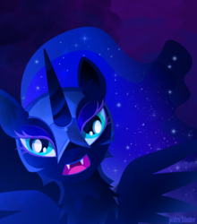 Size: 1761x2000 | Tagged: safe, artist:pedrohander, nightmare moon, alicorn, pony, g4, cute, fangs, female, fluffy, open mouth, ponytail, solo, spread wings, wings