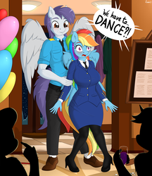 Size: 4750x5500 | Tagged: safe, artist:ziemniax, rainbow dash, oc, oc:boreal spear, pegasus, anthro, plantigrade anthro, g4, absurd resolution, anthro oc, blushing, breasts, busty rainbow dash, canon x oc, clothes, commission, dialogue, duo, female, high heels, male, mare, shoes, silhouette, smiling, speech bubble, stallion