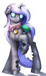Size: 1024x1706 | Tagged: safe, artist:thatonegib, oc, oc only, oc:little ling, changeling, blue eyes, changeling oc, collar, heart necklace, heart shaped holes, jewelry, looking at you, pendant, raised hoof, shadow, signature, simple background, smiling, solo, unshorn fetlocks, white background