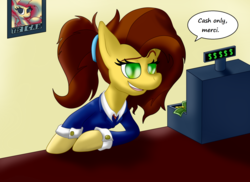 Size: 2338x1700 | Tagged: safe, artist:thebadgrinch, oc, oc only, oc:renée shield, pony, cash register, clothes, coin, female, mare, solo, suit
