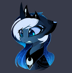Size: 2068x2098 | Tagged: safe, artist:magnaluna, princess luna, alicorn, pony, g4, bust, curved horn, cute, fangs, female, gray background, high res, horn, jewelry, lunabetes, mare, regalia, simple background, solo