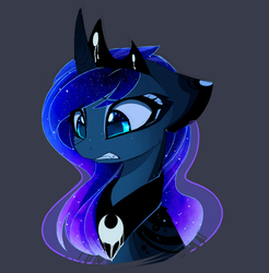 Size: 2068x2098 | Tagged: safe, artist:magnaluna, princess luna, alicorn, pony, g4, bust, cheek fluff, curved horn, female, gray background, high res, horn, jewelry, mare, regalia, simple background, solo