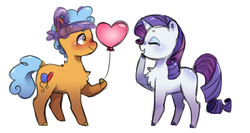 Size: 1268x676 | Tagged: safe, artist:pandemiamichi, rarity, twisty pop, earth pony, pony, unicorn, forever filly, g4, balloon, chest fluff, female, heart, heart balloon, male, raripop, shipping, simple background, smiling, straight, white background