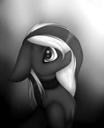 Size: 2247x2769 | Tagged: safe, artist:mimihappy99, oc, oc only, oc:puppet, earth pony, pony, black and white, collar, female, grayscale, high res, looking at you, mare, monochrome, rain, sad, solo