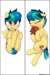 Size: 1280x1905 | Tagged: safe, artist:shinodage, oc, oc only, oc:apogee, pegasus, pony, body pillow, body pillow design, covering, cute, eyes closed, female, filly, freckles, hnnng, looking at you, ocbetes, plushie, potato pony, shinodage is trying to murder us, sleeping, smiling, solo, underhoof, weapons-grade cute