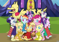 Size: 1200x855 | Tagged: safe, artist:chautung, apple bloom, applejack, fluttershy, pinkie pie, rainbow dash, rarity, scootaloo, starlight glimmer, sunset shimmer, sweetie belle, twilight sparkle, alicorn, dragon, pony, g4, chinese new year, clothes, cutie mark crusaders, female, filly, looking at you, mane six, mare, smiling, twilight sparkle (alicorn), year of the dog
