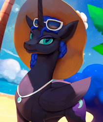 Size: 676x800 | Tagged: safe, artist:rodrigues404, nightmare moon, alicorn, pony, g4, beach, braid, cloud, female, hat, jewelry, looking at you, mare, necklace, nicemare moon, palm tree, sky, solo, sun hat, sunglasses, tree, vacation