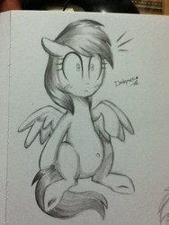 Size: 720x960 | Tagged: safe, artist:darkynez, rainbow dash, pegasus, pony, g4, belly, belly button, cute, dashabetes, female, floppy ears, grayscale, monochrome, preggo dash, pregnant, shocked, solo, spread wings, surprised, traditional art, wide eyes, wings