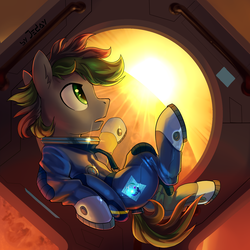Size: 1500x1500 | Tagged: safe, artist:jedayskayvoker, oc, oc only, pegasus, pony, astronaut, clothes, commission, male, solo, space, spacesuit, stallion, sun, window, ych result