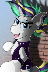 Size: 3000x4500 | Tagged: safe, artist:raptorpwn3, rarity, pony, unicorn, g4, it isn't the mane thing about you, alternate hairstyle, bracelet, brick wall, clothes, ear piercing, eyeshadow, female, high res, industrial piercing, jacket, jewelry, makeup, piercing, punk, raripunk, solo, tongue piercing, wall