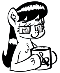 Size: 1530x1853 | Tagged: safe, artist:shoeunit, octavia melody, earth pony, pony, g4, beanbrows, black and white, bust, coffee, eyebrows, female, grayscale, mare, monochrome, mug, portrait, simple background, solo, transparent background