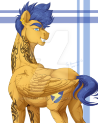 Size: 400x500 | Tagged: safe, artist:makkah, flash sentry, pony, g4, buff, flash hunktry, male, muscles, solo, tattoo, watermark