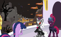 Size: 4000x2415 | Tagged: safe, artist:trungtranhaitrung, tempest shadow, twilight sparkle, alicorn, pony, g4, my little pony: the movie, crossover, death egg robot sentinel, egg fleet, eye scar, infinite (character), male, ponyville, scar, sonic forces, sonic the hedgehog, sonic the hedgehog (series), storm king's ship, twilight sparkle (alicorn)