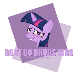 Size: 2000x2000 | Tagged: safe, twilight sparkle, alicorn, pony, g4, bags under eyes, bloodshot eyes, drug use, drugged, drugs, female, happy, high res, looking at you, mare, meme, public service announcement, red eyes, simple background, solo, sweetasmeth, transparent background, twilight sparkle (alicorn)