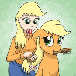 Size: 1280x1280 | Tagged: safe, artist:mkogwheel, applejack, earth pony, human, pony, g4, 30 minute art challenge, abstract background, beautiful, blonde, brushing, clothes, cute, duality, female, grooming, hairbrush, happy, hatless, human ponidox, humanized, jackabetes, mare, missing accessory, mouth hold, self ponidox, shirt, smiling