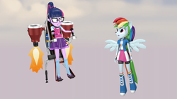 Size: 3840x2160 | Tagged: safe, artist:cjwong34, rainbow dash, sci-twi, twilight sparkle, equestria girls, g4, 3d, boots, clothes, duo, duo female, female, flying, grand theft auto, gta v, high res, jetpack, ponied up, shirt, shoes, skirt, socks, source filmmaker, t-shirt, teenager, thruster, wristband