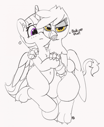 Size: 1280x1554 | Tagged: safe, artist:pabbley, gilda, twilight sparkle, alicorn, griffon, pony, g4, 30 minute art challenge, belly button, crack shipping, dialogue, female, lesbian, looking at you, monochrome, partial color, shipping, sketch, twilda, twilight sparkle (alicorn)