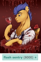 Size: 1000x1513 | Tagged: safe, artist:makkah, edit, flash sentry, pegasus, pony, derpibooru, g4, alcohol, clothes, cup, flash hunktry, flower, glass, hoof hold, male, meta, milestone, piercing, ring, rose, solo, tags, wine