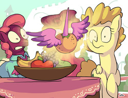 Size: 975x750 | Tagged: safe, artist:docwario, edit, part of a set, alicorn, earth pony, pegasus, pony, unicorn, alicornified, apple, banana, bowl, clothes, female, food, fruit, fruit bowl, grapes, gritted teeth, inanimate tf, male, mare, orange, orangified, princess citrusia, race swap, raised hoof, shrunken pupils, spread wings, stallion, surprised, table, transformation, wings