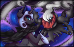 Size: 8100x5200 | Tagged: safe, artist:sayonaramisse, nightmare moon, darkrai, pony, g4, absurd resolution, crossover, looking at you, pokémon, smiling