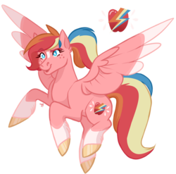 Size: 810x800 | Tagged: safe, artist:wolfyfree, oc, oc only, oc:zap apple, pegasus, pony, coat markings, colored wings, colored wingtips, cutie mark, female, flying, magical lesbian spawn, mare, multicolored hair, multicolored mane, multicolored tail, next generation, offspring, parent:applejack, parent:rainbow dash, parents:appledash, signature, simple background, socks (coat markings), solo, spread wings, transparent background, wings