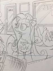 Size: 1536x2048 | Tagged: safe, artist:andypriceart, idw, fluttershy, rarity, pony, g4, spoiler:comic, spoiler:comic64, andy you magnificent bastard, comic, female, frankie goes to hollywood, frankie says relax, grayscale, laughing, lineart, mare, monochrome, pencil drawing, solo, traditional art