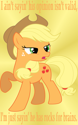 Size: 1050x1680 | Tagged: safe, artist:nova225, artist:peachspices, applejack, earth pony, pony, fanfic:past sins, g4, fanfic, female, mare, quote, simple background, solo, vector, yellow background