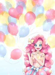 Size: 3337x4547 | Tagged: safe, artist:autumn rush, pinkie pie, human, g4, anime, balloon, belly button, bow, bright, clothes, cute, diapinkes, element of laughter, female, hair bow, heart balloon, humanized, looking at you, midriff, moe, off shoulder, open mouth, ponk, shiny, simple background, skirt, smiling, solo, white background