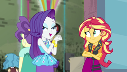 Size: 1280x720 | Tagged: safe, screencap, purple frizz, rarity, sunset shimmer, technicolor waves, display of affection, equestria girls, g4, my little pony equestria girls: better together, background human, clothes, derp, didney worl, female, great moments in animation, skirt, smiling, smirk