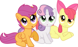Size: 10000x5980 | Tagged: safe, artist:shadowdashie, apple bloom, scootaloo, sweetie belle, earth pony, pegasus, pony, unicorn, g4, the cutie mark chronicles, .svg available, absurd resolution, adorabloom, cute, cutealoo, cutie mark crusaders, diasweetes, female, filly, looking at you, simple background, transparent background, vector