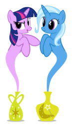 Size: 307x528 | Tagged: safe, artist:navitaserussirus, trixie, twilight sparkle, genie, genie pony, g4, cropped, female, lesbian, ship:twixie, shipping