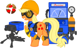 Size: 1752x1086 | Tagged: safe, artist:nikkikitty44, applejack, earth pony, pony, g4, blu, clothes, crossover, dispenser, engiejack, engineer, engineer (tf2), female, gloves, goggles, helmet, knee pads, mare, sentry, simple background, solo, team fortress 2, transparent background, vector