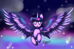 Size: 1800x1200 | Tagged: safe, artist:sweethearts11, twilight sparkle, alicorn, pony, g4, female, flying, solo, spread wings, twilight sparkle (alicorn), wings