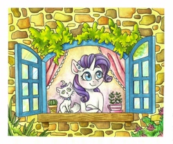 Size: 1611x1338 | Tagged: safe, artist:twixyamber, opalescence, rarity, cat, pony, unicorn, g4, brick wall, cactus, cup, ear piercing, piercing, plant, teacup, traditional art, window