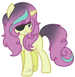 Size: 1024x1052 | Tagged: safe, artist:t-aroutachiikun, oc, oc only, oc:icing gale, pony, unicorn, eyepatch, grin, looking at you, magical lesbian spawn, male, offspring, parent:princess flurry heart, parent:pumpkin cake, parents:pumpkin heart, signature, simple background, smiling, solo, stallion, transparent background