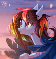 Size: 945x1000 | Tagged: safe, artist:margony, oc, oc only, pegasus, pony, bust, colored wings, female, flying, looking away, looking forward, mare, not rainbow dash, solo, sunset