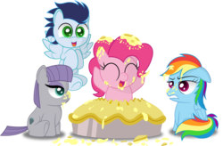 Size: 2000x1315 | Tagged: safe, artist:spellboundcanvas, maud pie, pinkie pie, rainbow dash, soarin', earth pony, pony, g4, chibi, cute, food, maudabetes, pie, ponies in food, simple background, soarinbetes, transparent background, varying degrees of amusement
