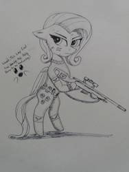 Size: 774x1032 | Tagged: safe, artist:ironbeastz, fluttershy, pegasus, pony, g4, bipedal, black and white, clothes, female, grayscale, gun, hooves, looking at you, mare, monochrome, optical sight, rifle, sniper rifle, snipershy, solo, text, traditional art, weapon, wings