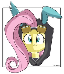Size: 1536x1790 | Tagged: safe, artist:artmlpdk, fluttershy, pegasus, pony, g4, bunny ears, bust, clothes, costume, dangerous mission outfit, female, goggles, hoodie, looking at you, portrait, simple background, solo, white background