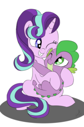 Size: 800x1214 | Tagged: safe, artist:emositecc, spike, starlight glimmer, dragon, pony, unicorn, g4, cute, eyelashes, fangs, female, glimmerbetes, green eyes, grin, hair flip, horn, hug, male, mare, one eye closed, one eye open, ship:sparlight, shipping, simple background, smiling, spikabetes, spikelove, straight, transparent background
