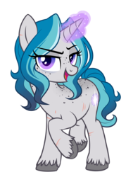 Size: 1844x2436 | Tagged: safe, artist:askbubblelee, oc, oc only, oc:bubble lee, pony, unicorn, alternate hairstyle, body freckles, female, freckles, glowing horn, horn, looking at you, mare, scar, show accurate, simple background, smiling, solo, transparent background, willowverse