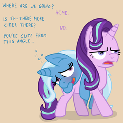 Size: 2048x2048 | Tagged: safe, artist:solarfm, starlight glimmer, trixie, pony, unicorn, g4, blushing, carrying, dialogue, drunk, duo, female, grumpy, high res, lesbian, mare, ship:startrix, shipping, starlight glimmer is not amused, unamused, wasted