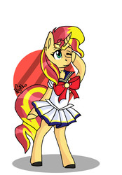 Size: 973x1400 | Tagged: safe, artist:nyokoart, sunset shimmer, pony, unicorn, g4, bipedal, bow, choker, clothes, diadem, dress, ear piercing, earring, jewelry, one eye closed, piercing, skirt, wink