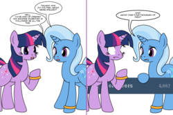 Size: 1204x800 | Tagged: safe, artist:dekomaru, trixie, twilight sparkle, pony, tumblr:ask twixie, g4, ask, female, lesbian, milestone, ship:twixie, shipping, tumblr