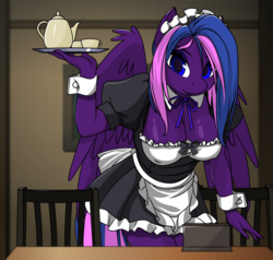 Size: 1415x1345 | Tagged: safe, alternate version, artist:up1ter, oc, oc only, oc:scarlett shadows, pegasus, anthro, breasts, cleavage, clothes, commission, cufflinks, cuffs (clothes), female, maid, mare, nudity, phone, solo, tray, ych result