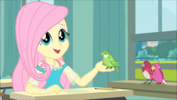 Size: 600x338 | Tagged: safe, screencap, fluttershy, bird, songbird, a little birdie told me, equestria girls, g4, my little pony equestria girls: better together, animated, cute, female, geode of fauna, magical geodes, shyabetes