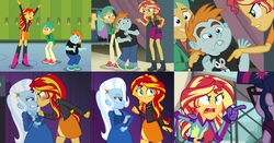 Size: 3914x2048 | Tagged: safe, screencap, sci-twi, snails, snips, sunset shimmer, trixie, twilight sparkle, equestria girls, g4, my little pony equestria girls, my little pony equestria girls: better together, my little pony equestria girls: friendship games, my little pony equestria girls: rainbow rocks, rarity investigates: the case of the bedazzled boot, angry, blushing, comparison, exploitable meme, flawless, high res, image macro, meme, pointing, sunset yells at twilight