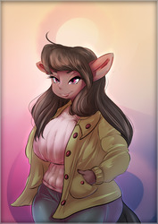 Size: 1066x1508 | Tagged: safe, artist:woofmaple, octavia melody, earth pony, anthro, g4, ambiguous facial structure, big breasts, black hair, blushing, breasts, clothes, female, jeans, large voluminous hair, long hair, pants, purple eyes, simple background, solo, sweater, tail