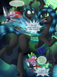 Size: 1000x1333 | Tagged: safe, artist:vavacung, queen chrysalis, spike, changeling, dragon, comic:my life as a short dragon, g4, armor, blood, bugbutt, butt, chrysalass, dialogue, female, guardians of harmony, lance, looking back, male, nosebleed, plot, ship:chryspike, shipping, speech bubble, straight, toy interpretation, weapon