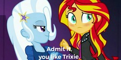 Size: 1275x633 | Tagged: safe, edit, edited screencap, screencap, sunset shimmer, trixie, equestria girls, g4, my little pony equestria girls: rainbow rocks, female, lesbian, ship:suntrix, shipping